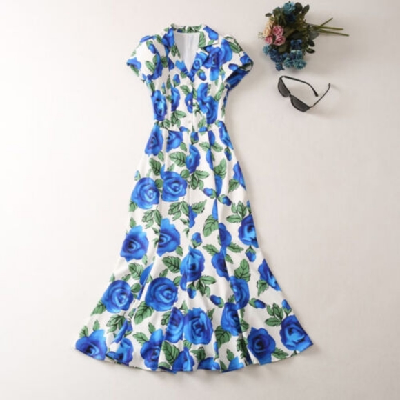 Occident Womens Runway V-neck Short Sleeves Button Sexy Floral Printed Dresses - Picture 1 of 3